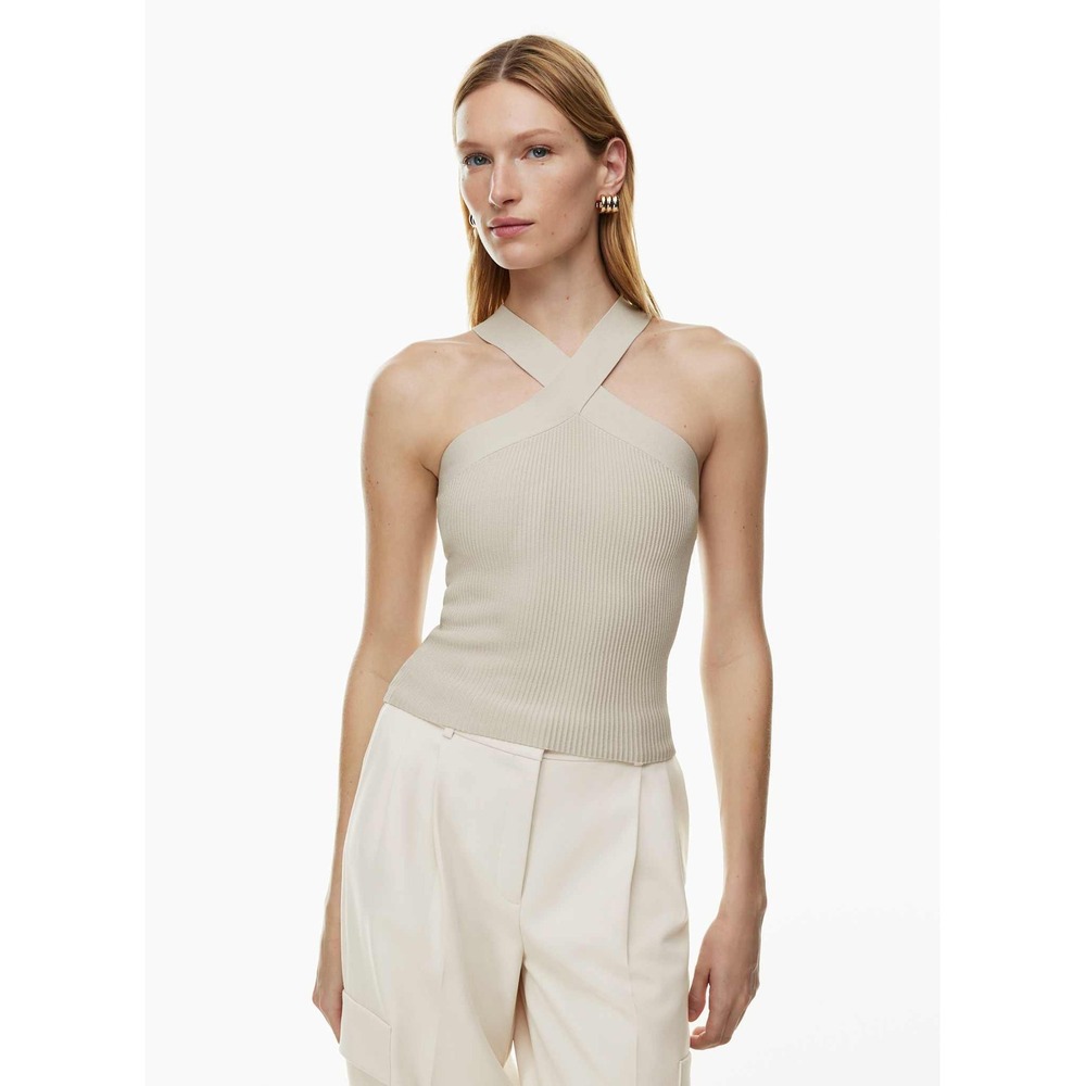 Babaton Sculpt Knit‎ Cross Halter Top Beige Ribbed Sleeveless Tank Medium